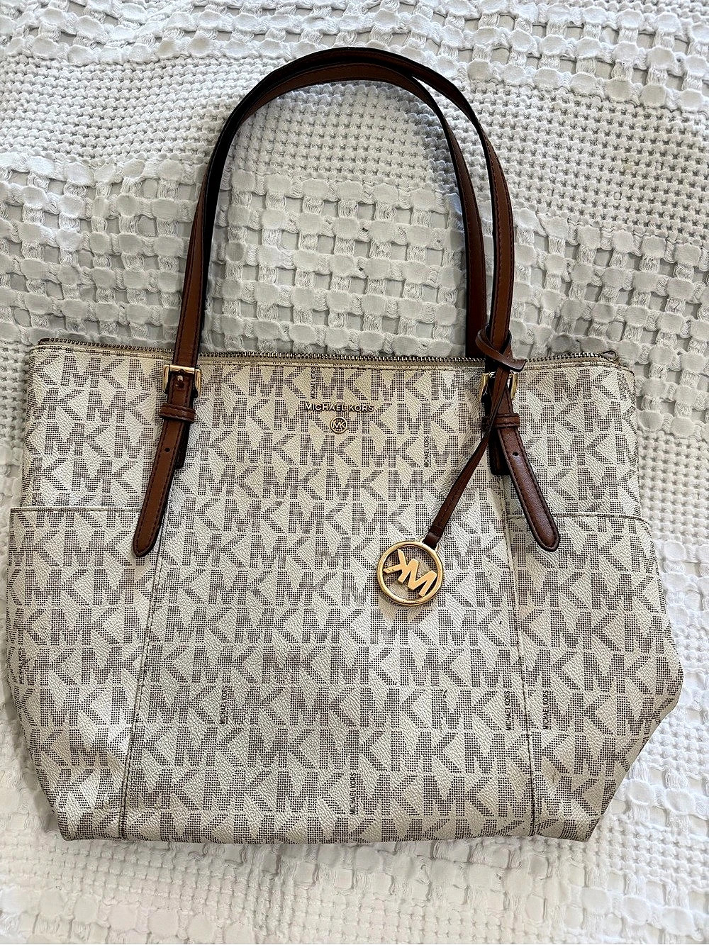 Michael Kors Jet Set Travel Medium Logo Tote Bag in Beige & Brown
